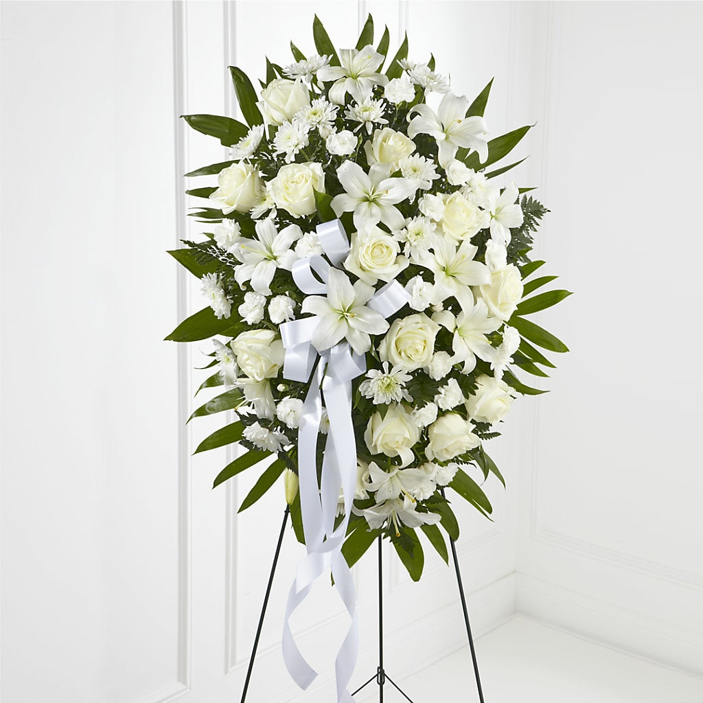 Exquisite Tribute Standing Spray-White Ribbon – City Line Florist, New Hyde Park NY
